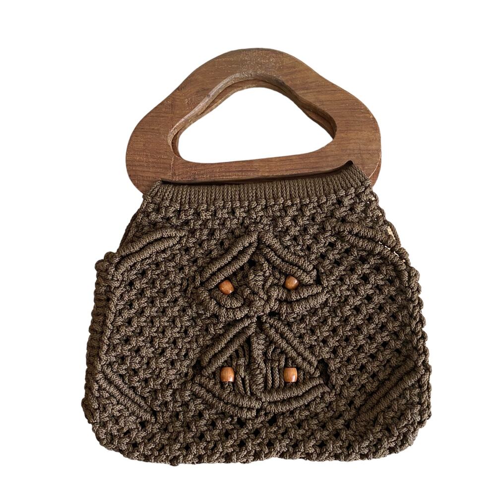 Vintage Crochet Macrame Beaded Wood Handle Handbag Brown